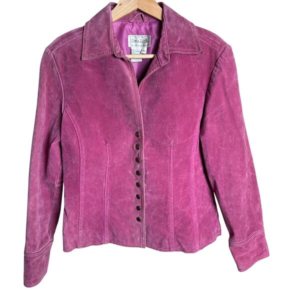 Vintage Live A Little Size PS 100% Leather Pink Button Jacket - Picture 1 of 6
